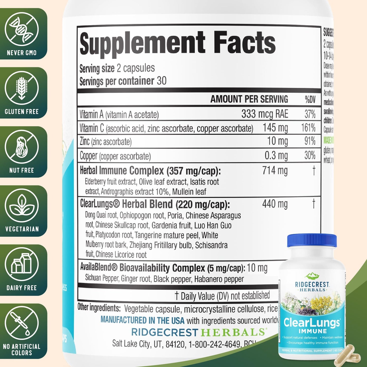 RidgeCrest ClearLungs Immune – Lung & Immune Support with Mullein, Elderberry, Zinc (60 Caps, 30 Serv)