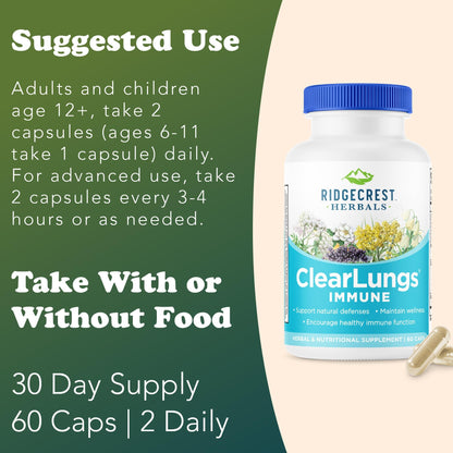 RidgeCrest ClearLungs Immune – Lung & Immune Support with Mullein, Elderberry, Zinc (60 Caps, 30 Serv)