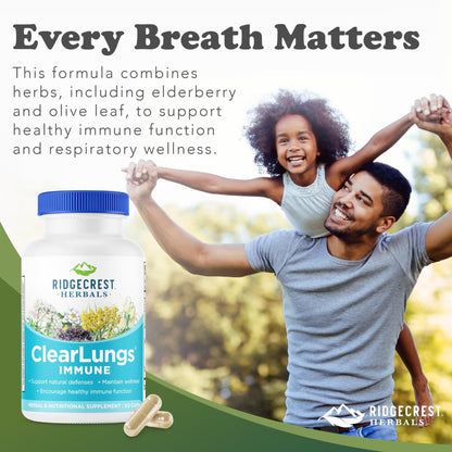 RidgeCrest ClearLungs Immune – Lung & Immune Support with Mullein, Elderberry, Zinc (60 Caps, 30 Serv)