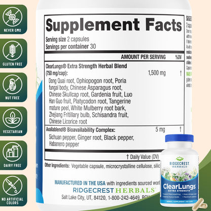 RidgeCrest ClearLungs Extra Strength – Natural Lung & Respiratory Support (60 Caps, 30 Serv)