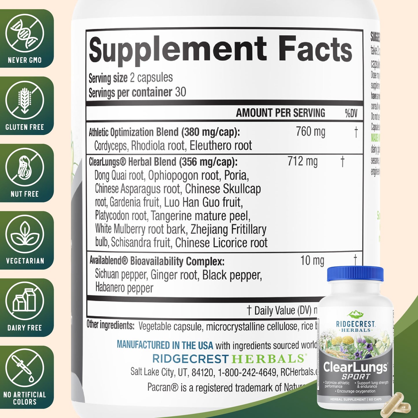 Ridgecrest ClearLungs Sport – Oxygen & Lung Support Formula (Cordyceps, Rhodiola, Eleuthero, 60 Veg Caps)