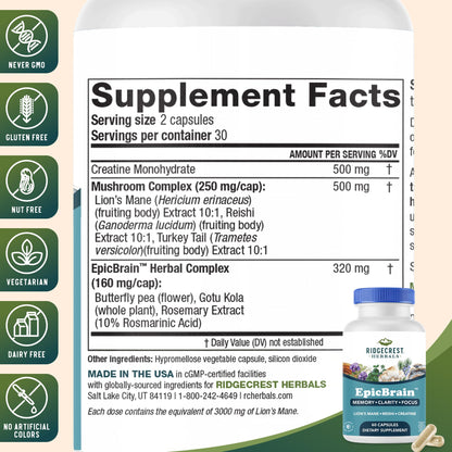 RidgeCrest EpicBrain: Natural Brain Support with Creatine Monohydrate & Lion's Mane