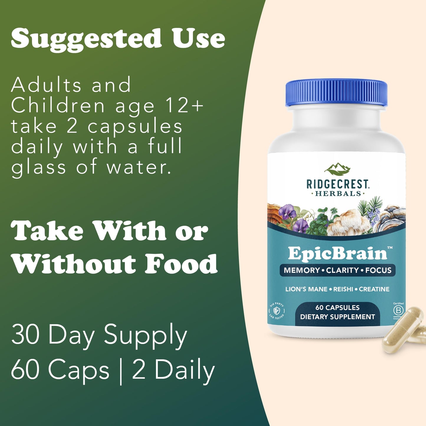 RidgeCrest EpicBrain: Natural Brain Support with Creatine Monohydrate & Lion's Mane