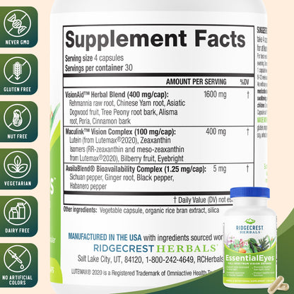 Ridgecrest Herbals EssentialEyes – Natural Eye Vitamin with Lutein, Zeaxanthin & Bilberry Extract | 120 Vegan Caps