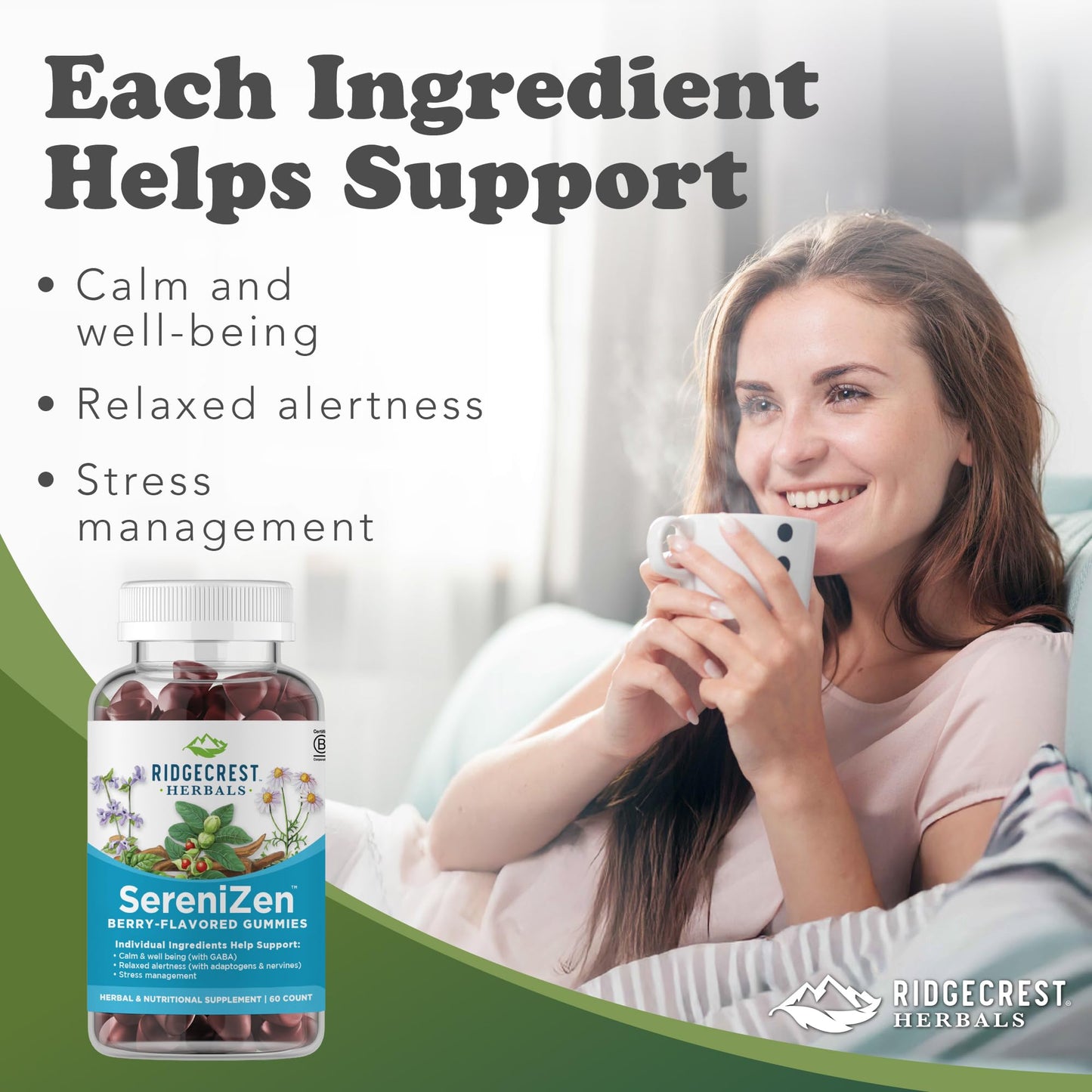 RidgeCrest Herbals SereniZen Gummies – Ashwagandha, GABA & L-Theanine for Relaxation & Sleep (60 Ct)