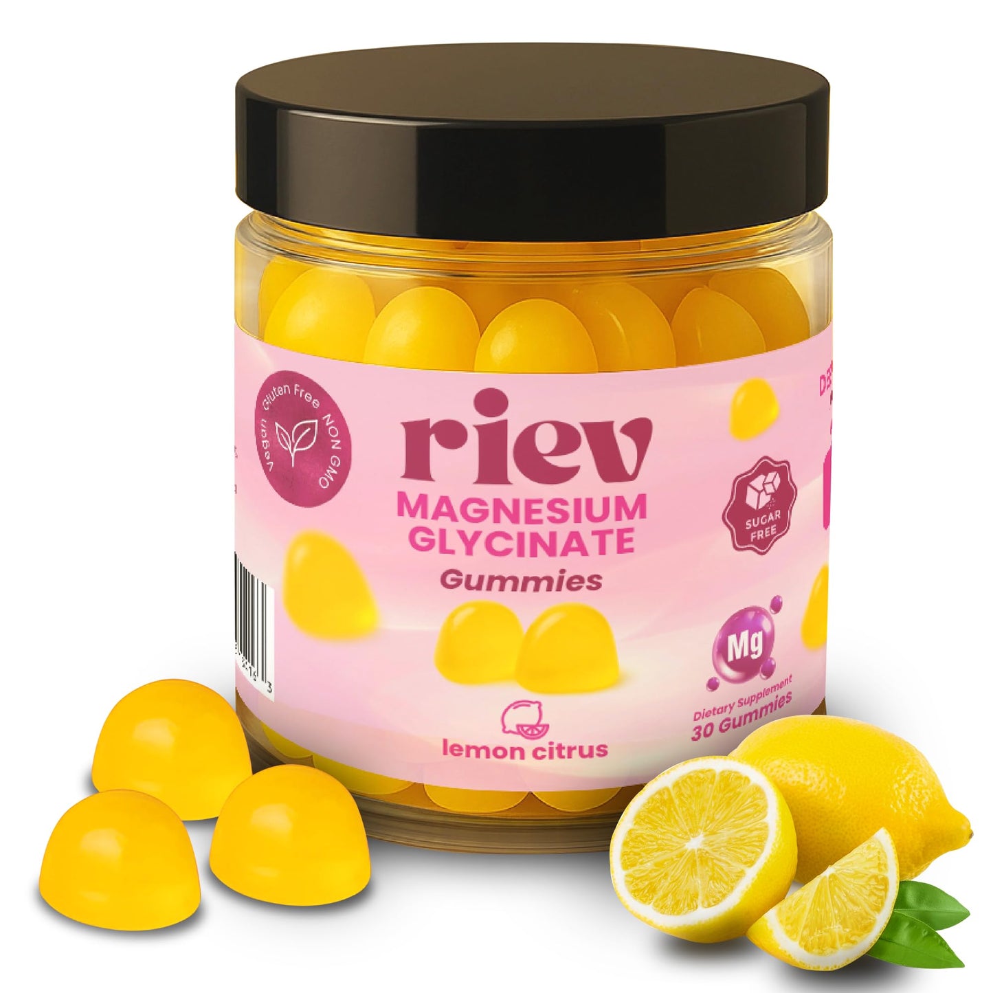 Riev Magnesium Glycinate Gummies 200mg – Sugar-Free, Vegan & Non-GMO | Lemon Citrus 30 Gummies