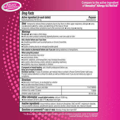 RIGHT REMEDIES Allergy Relief Diphenhydramine HCl 25 mg, 600 Count — Compared to Ultratabs