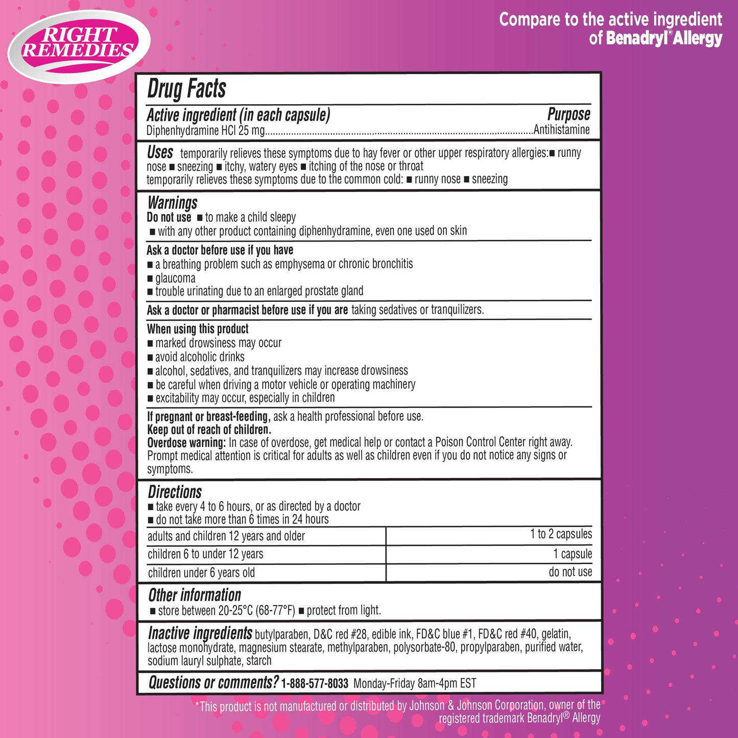 RIGHT REMEDIES Allergy Relief - Diphenhydramine HCl 25 mg, 1000 Capsules
