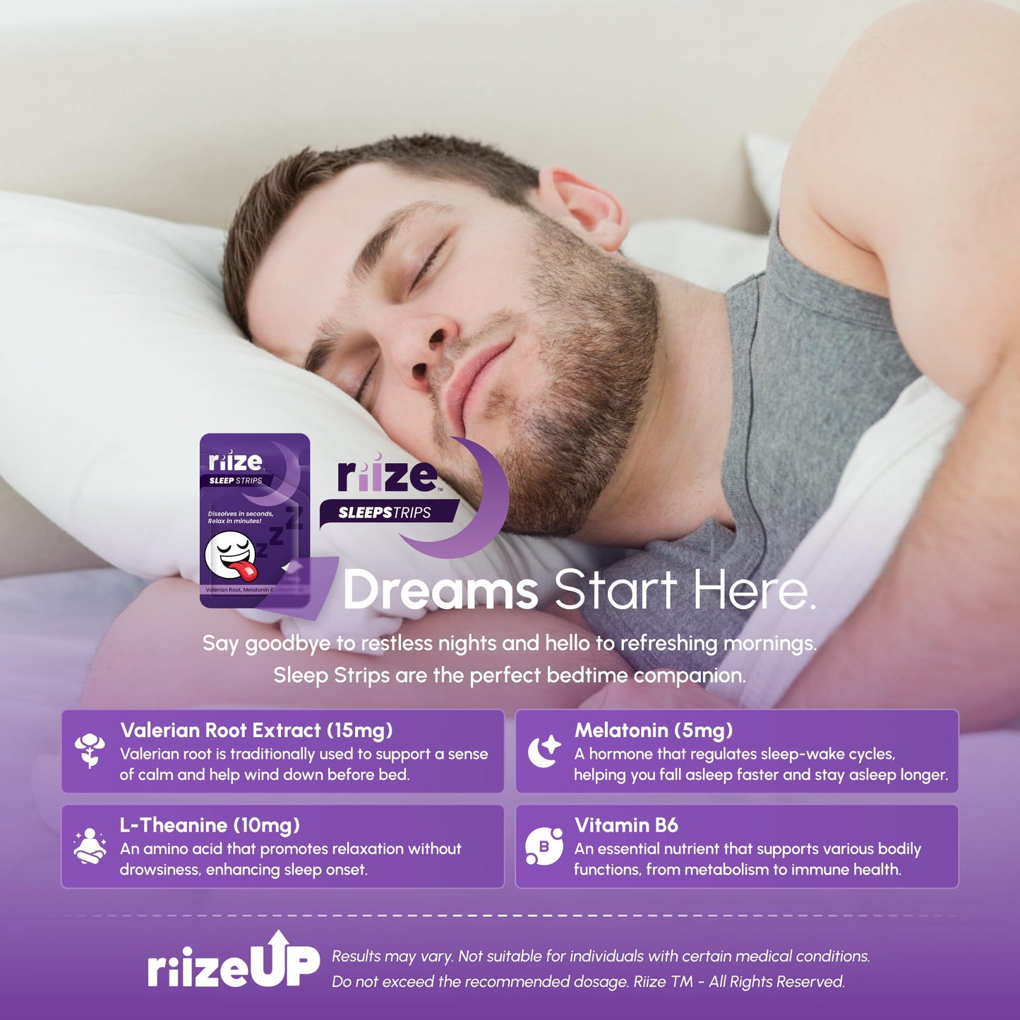Riize Sleep Strips — Fast Acting Sleep Aid with 5mg Melatonin, Valerian Root, L-Theanine, Vitamin B6 (Vegan, 6 Count)