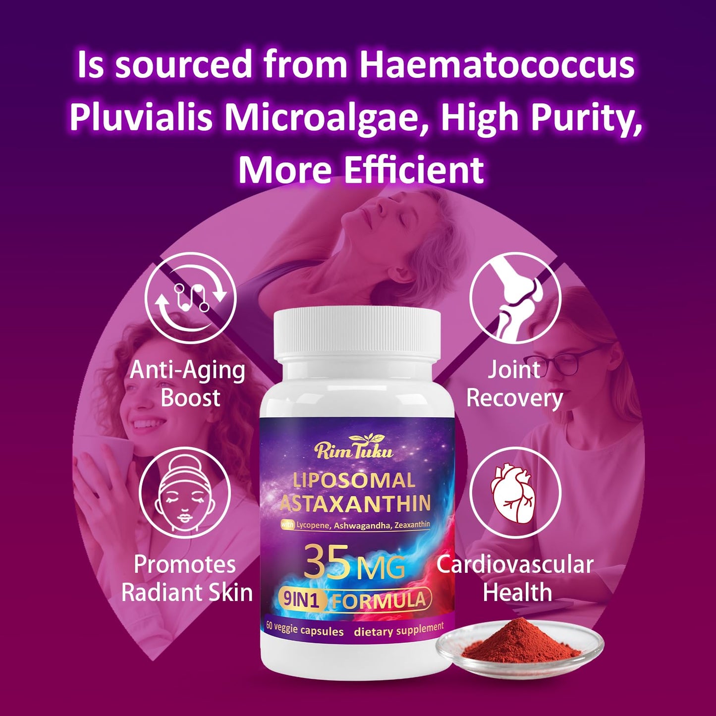 RimTuku Liposomal Astaxanthin 9-in-1 Complex with Ashwagandha, Lycopene & Zeaxanthin – Eye, Skin & Joint Health (60 Capsules)