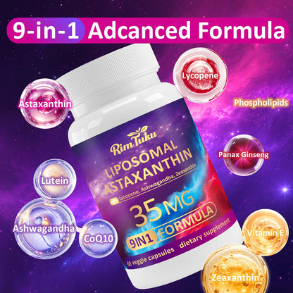 RimTuku Liposomal Astaxanthin 9-in-1 Complex with Ashwagandha, Lycopene & Zeaxanthin – Eye, Skin & Joint Health (60 Capsules)