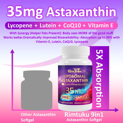 RimTuku Liposomal Astaxanthin 9-in-1 Complex with Ashwagandha, Lycopene & Zeaxanthin – Eye, Skin & Joint Health (60 Capsules)