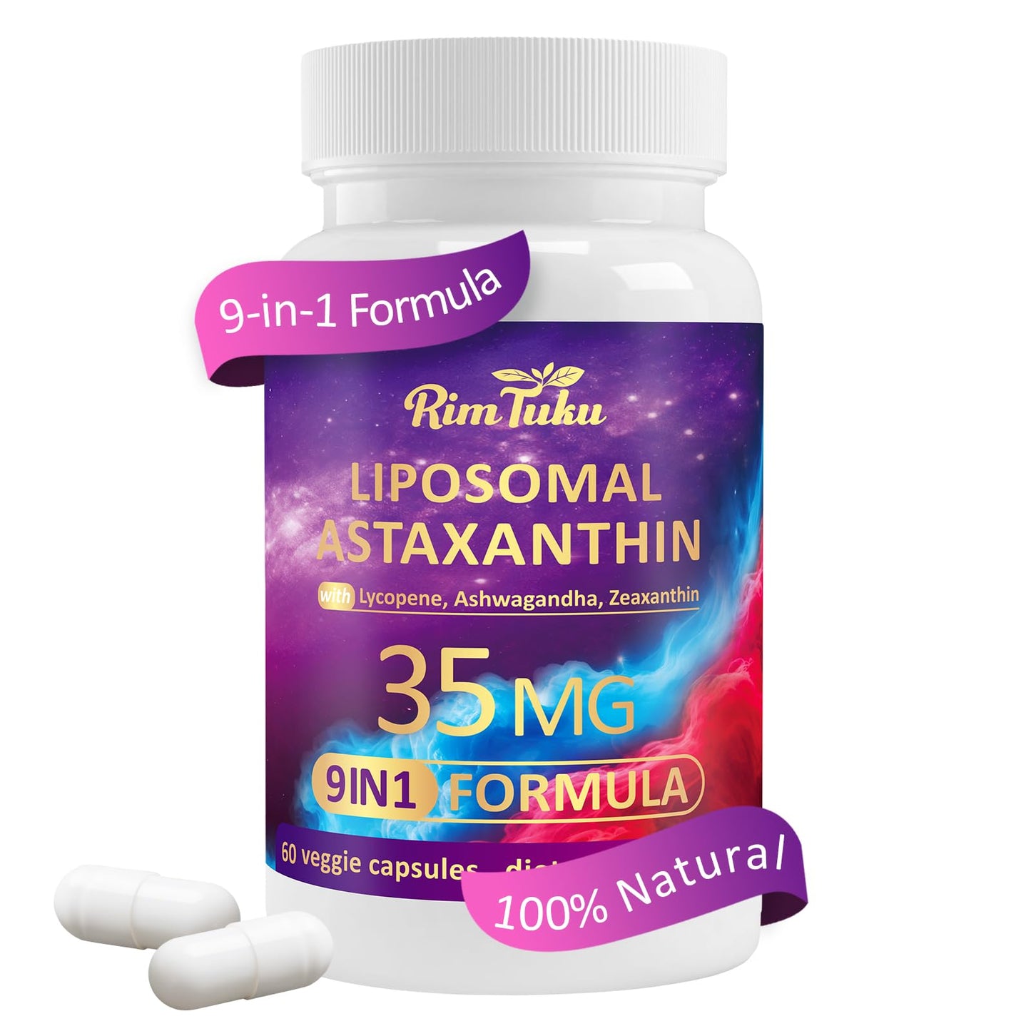 RimTuku Liposomal Astaxanthin 9-in-1 Complex with Ashwagandha, Lycopene & Zeaxanthin – Eye, Skin & Joint Health (60 Capsules)