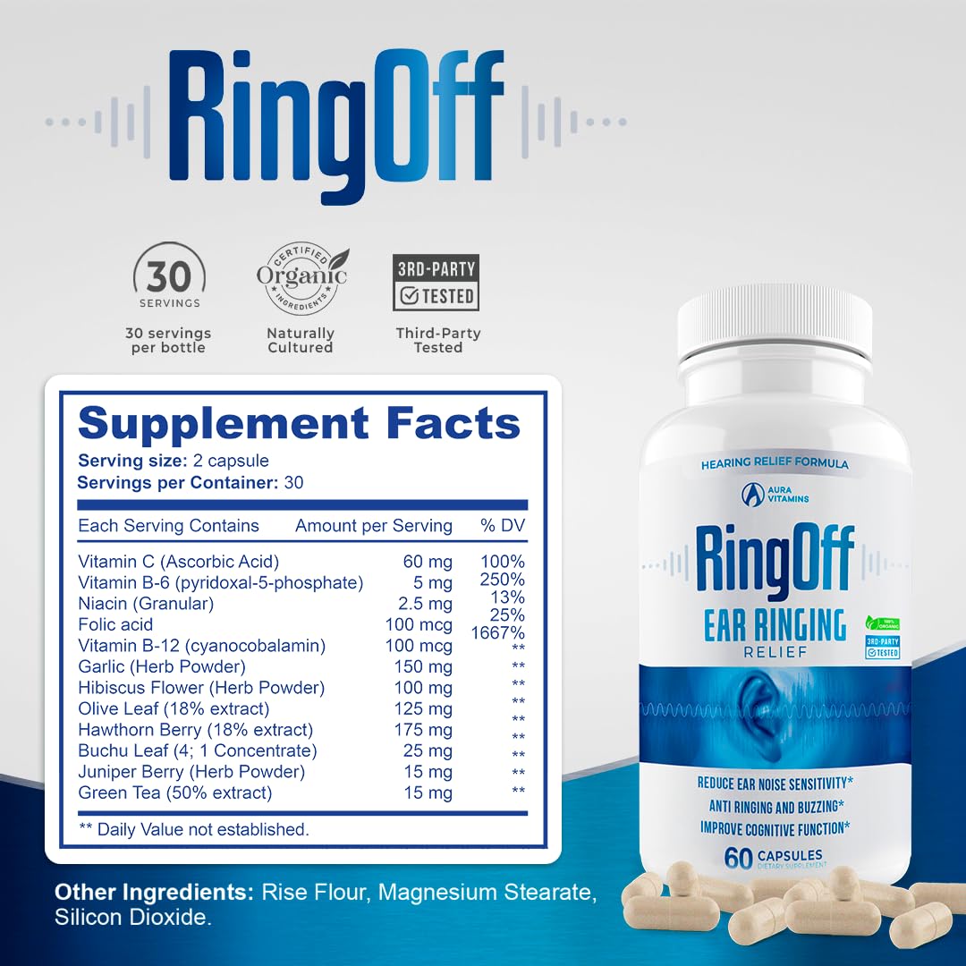 Ring Off (120 Caps) – Tinnitus Relief, Ear Ringing Support, Inner Peace | Ginkgo Biloba & Zinc Picolinate