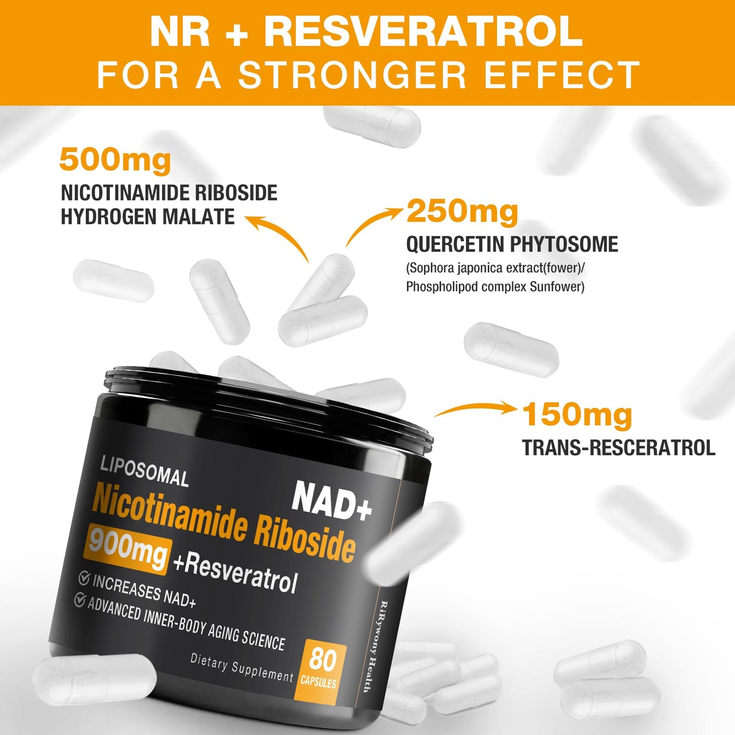 RiRywony Health NAD Supplement – NAD+ with NR & Resveratrol (900mg) – 2 Pack