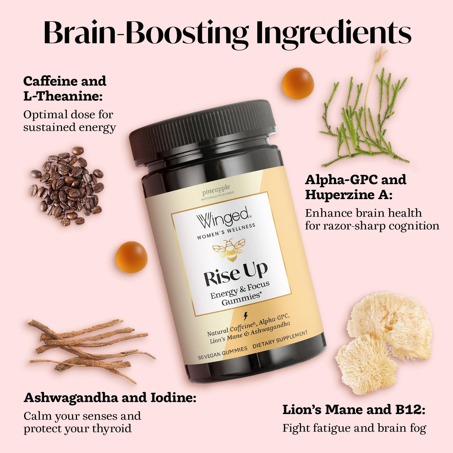 Winged Wellness Rise Up: Energy & Focus Gummies for Women | Pineapple, 60 Gummies
