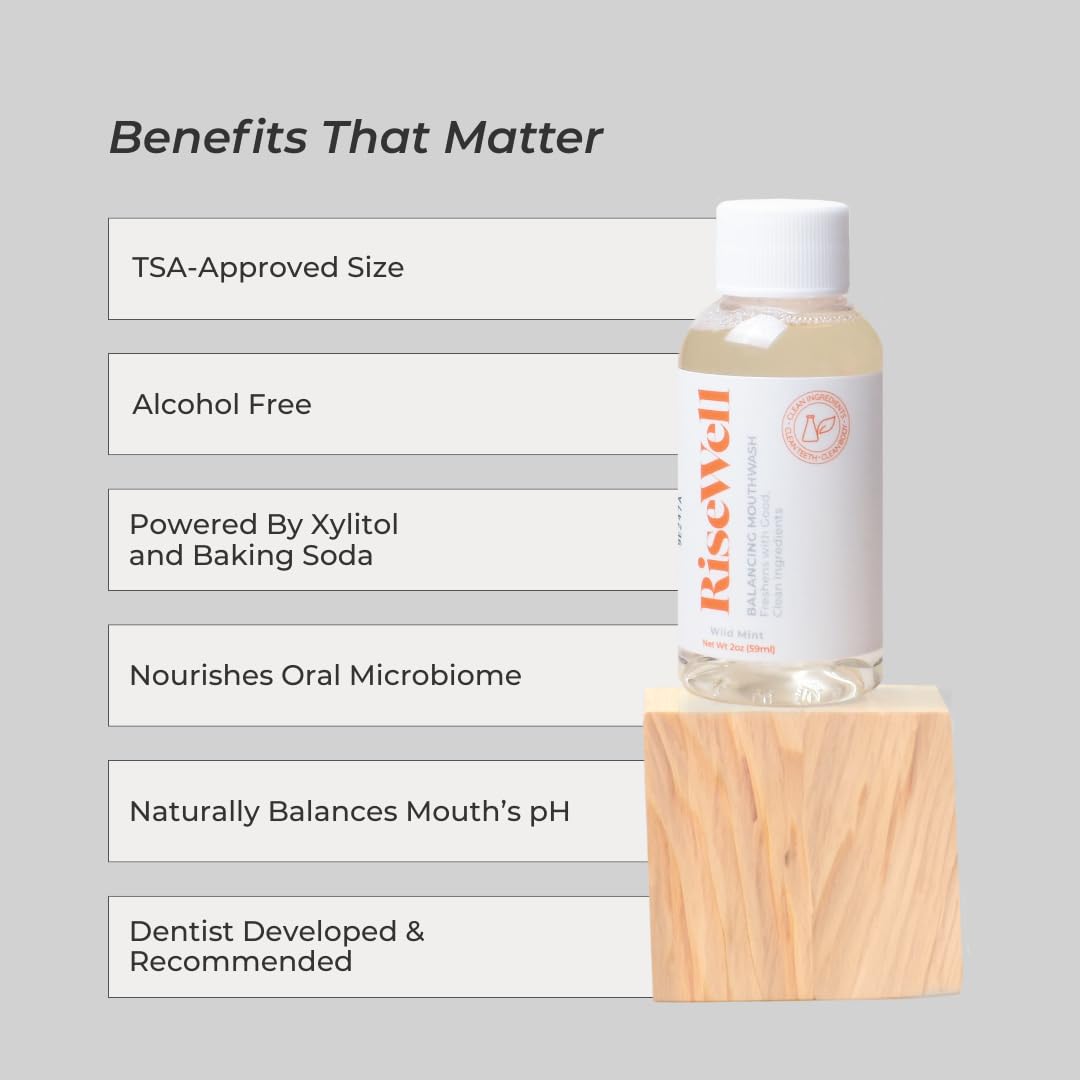 RiseWell Balancing Travel Mouthwash - pH Balanced On-The-Go, Dentist-Developed Dry Mouth Rinse, Alcohol Free, No Fluoride, SLS-Free - Wild Mint, 2oz
