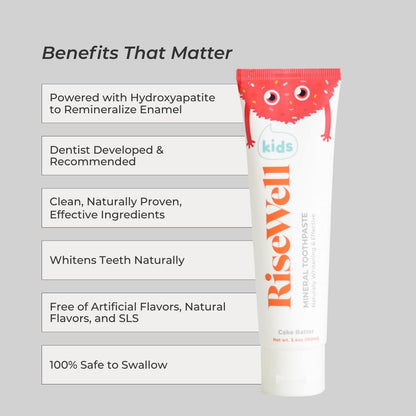 RiseWell Kids Mineral Toothpaste - Hydroxyapatite Toothpaste for Kids - No Fluoride, All Natural - Cake Batter Flavor - 3.4 oz