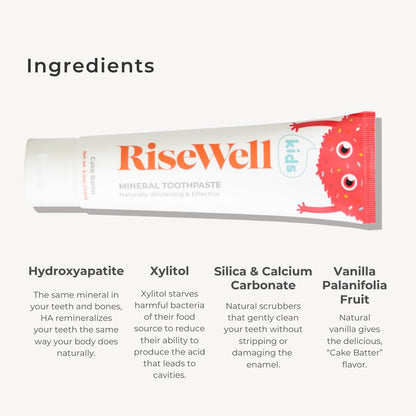 RiseWell Kids Mineral Toothpaste - Hydroxyapatite Toothpaste for Kids - No Fluoride, All Natural - Cake Batter Flavor - 3.4 oz
