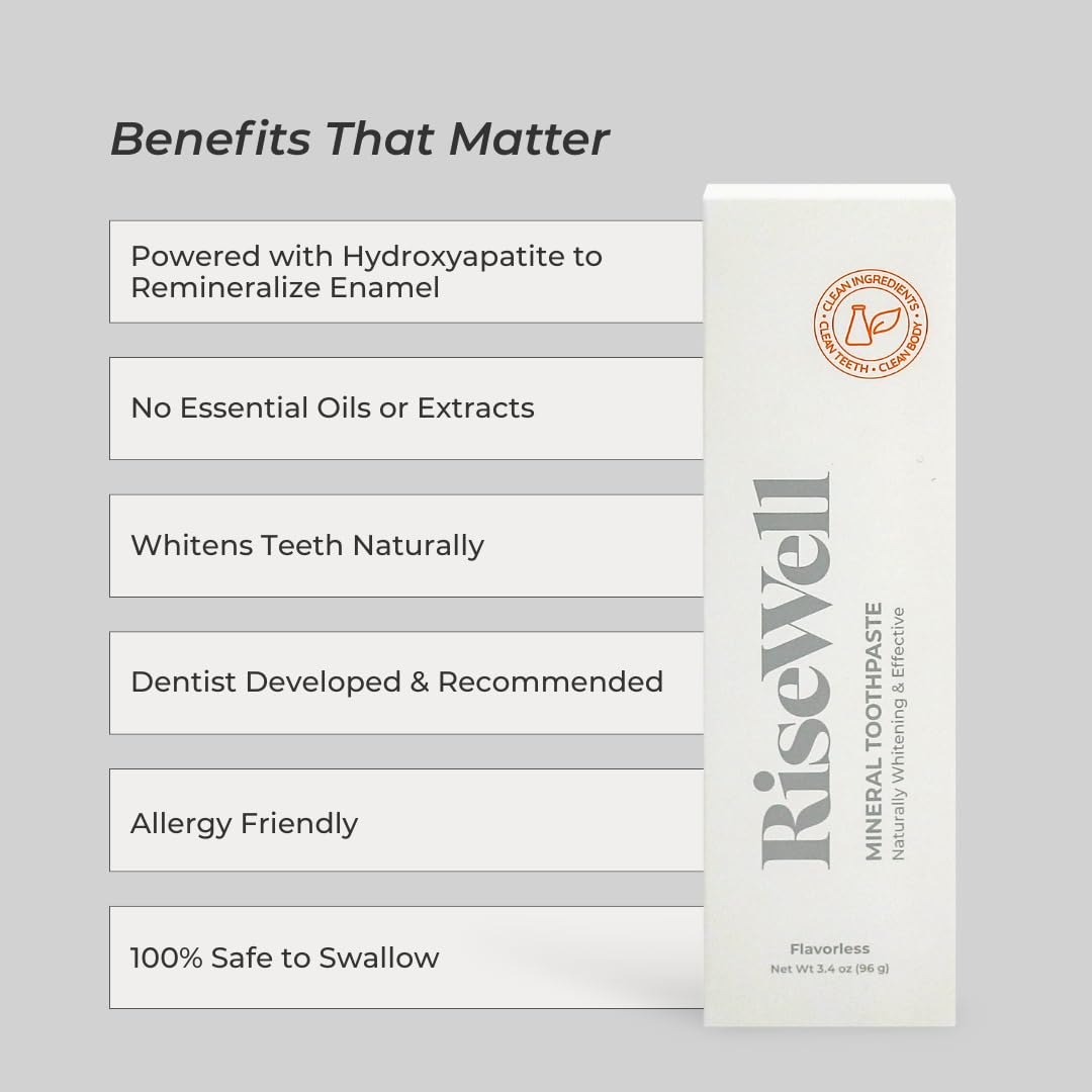 RiseWell Mineral Unflavored Toothpaste - Hydroxyapatite, Fluoride-Free, SLS-Free | Made in USA (Pack of 2)