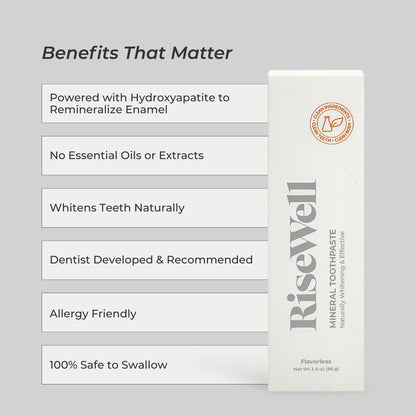 RiseWell Mineral Unflavored Toothpaste - Hydroxyapatite, Fluoride-Free, SLS-Free | Made in USA (Pack of 2)