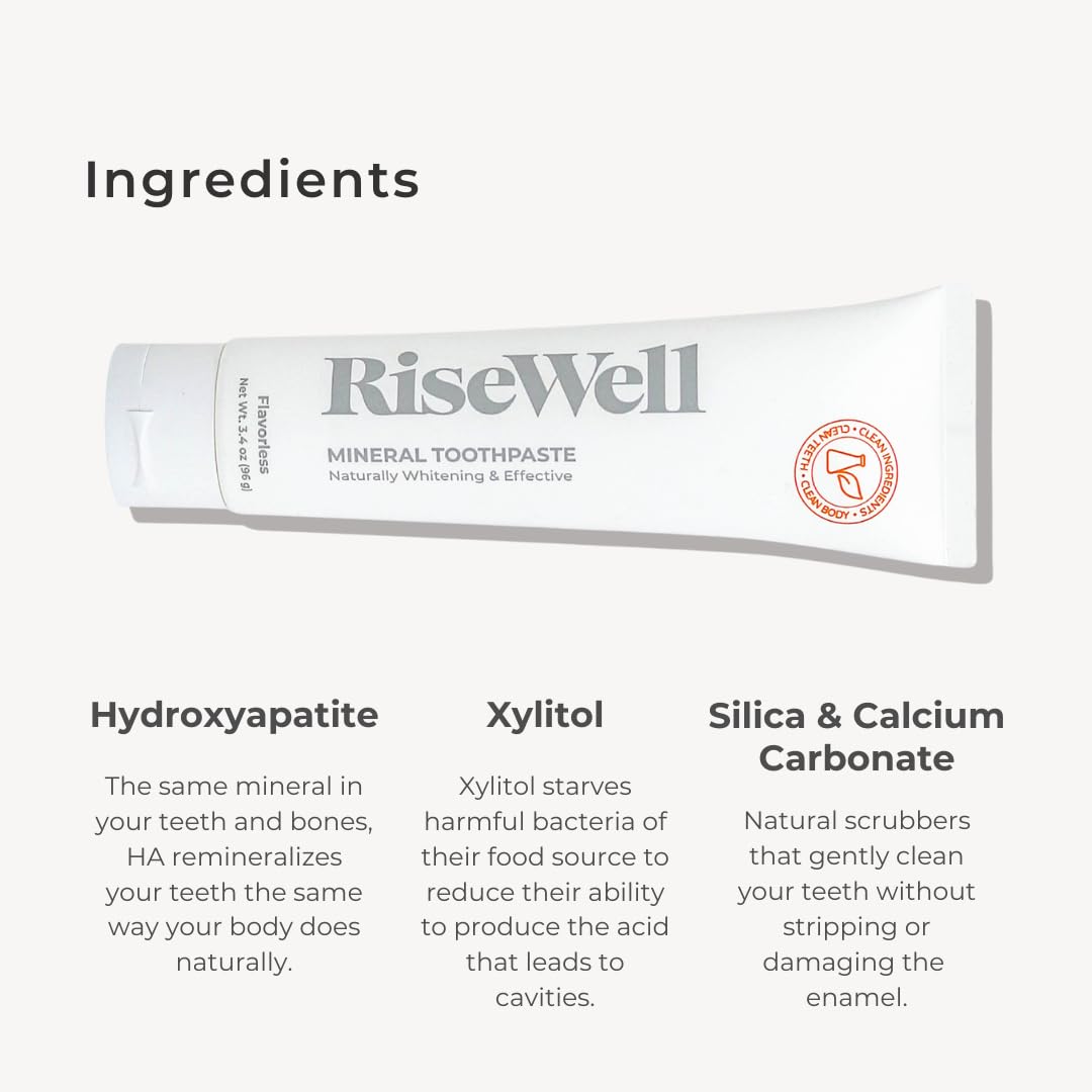 RiseWell Mineral Unflavored Toothpaste - Hydroxyapatite, Fluoride-Free, SLS-Free | Made in USA (Pack of 2)