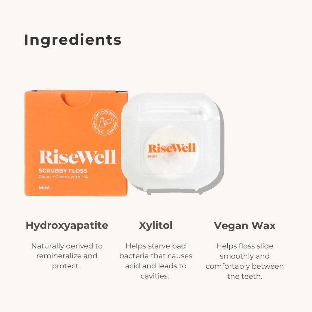 RiseWell Scrubby Floss – PFAS Free with Hydroxyapatite & Xylitol (30 Yards) | Dentist-Formulated, Vegan