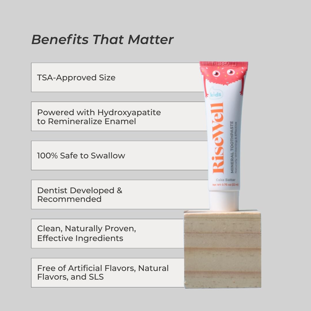 RiseWell Travel Kids Mineral Toothpaste – Hydroxyapatite, No Fluoride, Cake Batter Flavor