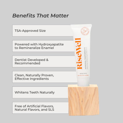 RiseWell Travel Mineral Toothpaste - All Natural, Fluoride-Free, SLS-Free, TSA Approved, USA-Made (Wild Mint)