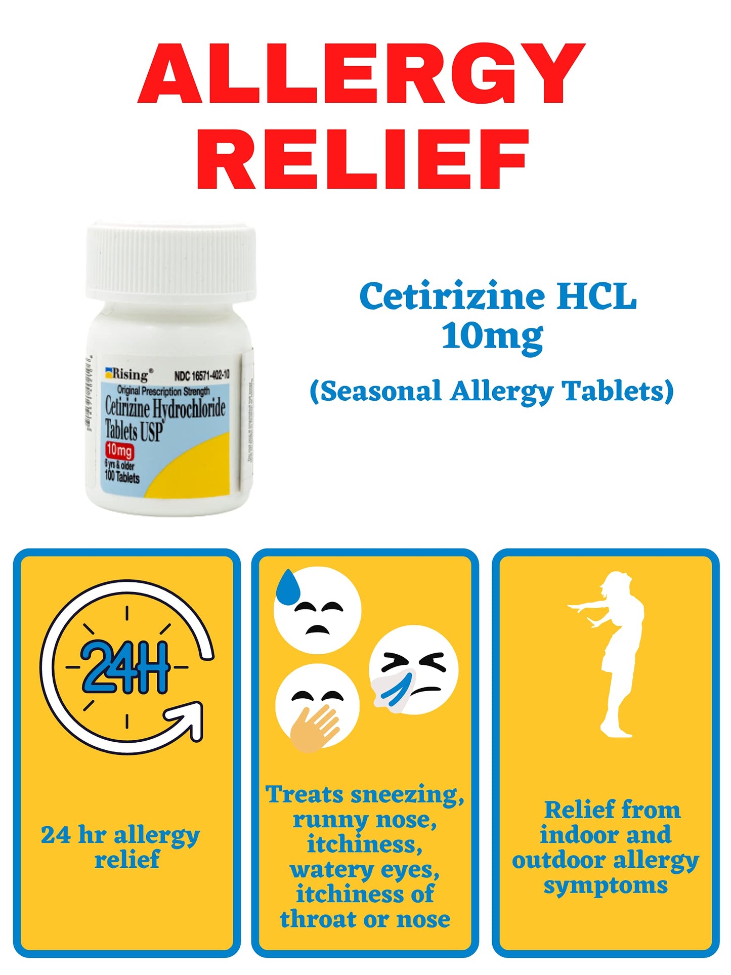 Rising Pharma Cetirizine HCL 10 mg Tablets – 100 Count | All-Day Allergy Relief
