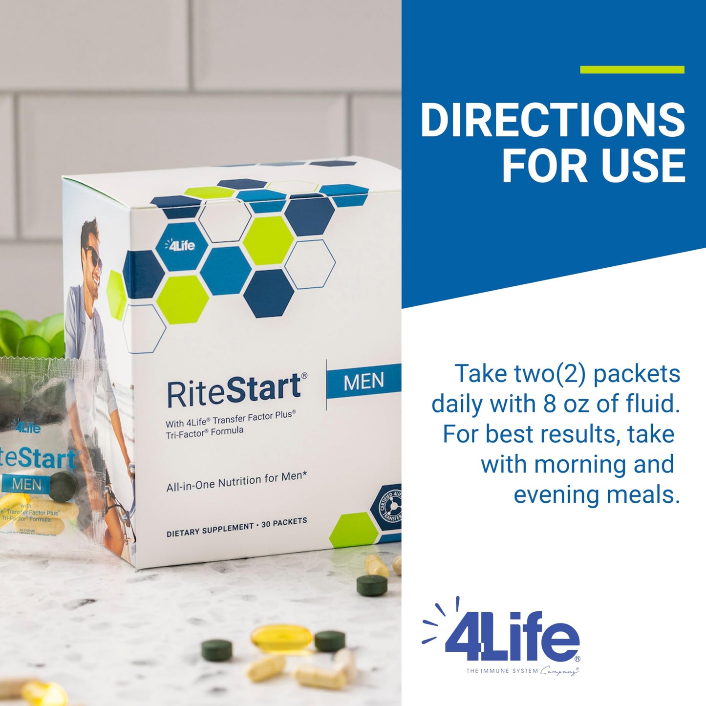 4Life RiteStart Men - Daily Nutritional Pack for Immune Support | Vitamin C, D & Zinc - 30 Packets
