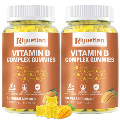 Riyuetian Vitamin B Complex Gummies with Biotin, Choline & Inositol, Vitamin C & Zinc – Supports Energy, Brain, Mood, Immune Health, Hair & Skin – Mango Flavor – Vegan – 120 Gummies