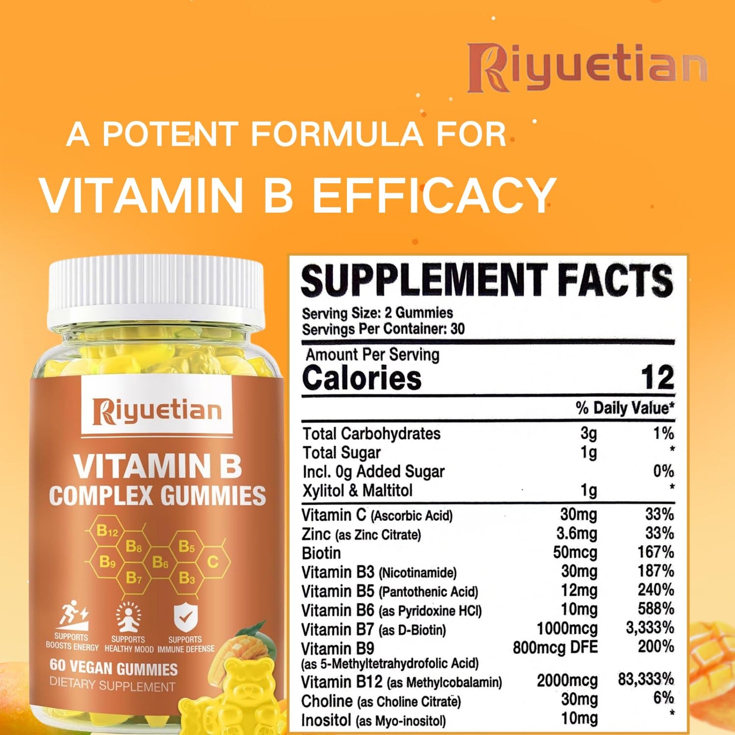 Riyuetian Vitamin B Complex Gummies with Biotin, Choline & Inositol, Vitamin C & Zinc – Supports Energy, Brain, Mood, Immune Health, Hair & Skin – Mango Flavor – Vegan – 120 Gummies