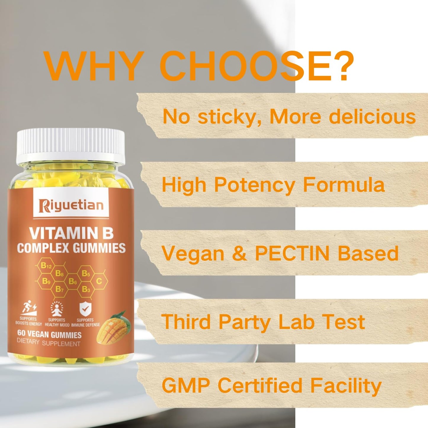 Riyuetian Vitamin B Complex Gummies with Biotin, Choline & Inositol, Vitamin C & Zinc – Supports Energy, Brain, Mood, Immune Health, Hair & Skin – Mango Flavor – Vegan – 120 Gummies