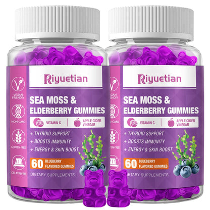 Riyuetian Sea Moss & Elderberry Gummies – Blueberry, 120 Count (Pack of 2) – Vegan