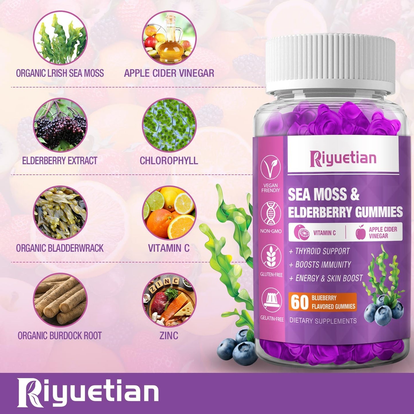 Riyuetian Sea Moss & Elderberry Gummies – Blueberry, 120 Count (Pack of 2) – Vegan