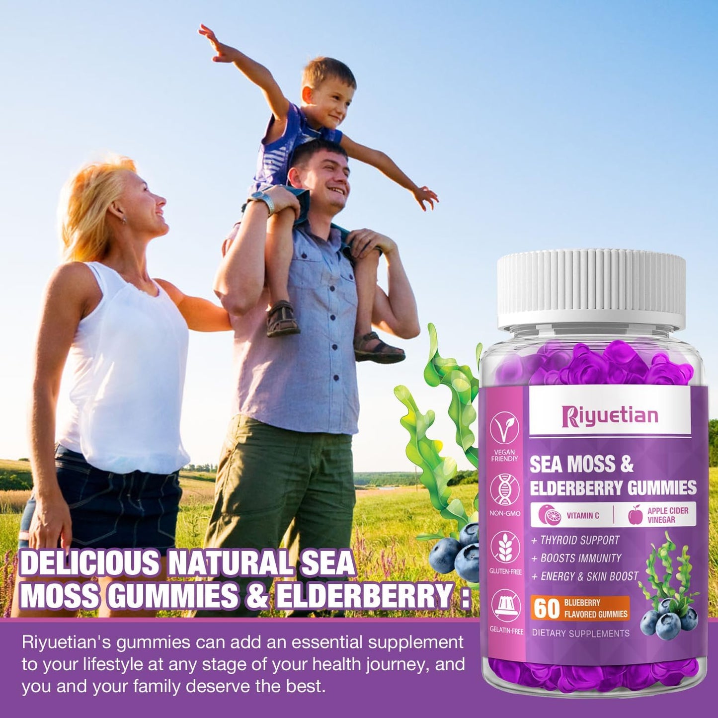 Riyuetian Sea Moss & Elderberry Gummies – Blueberry, 120 Count (Pack of 2) – Vegan