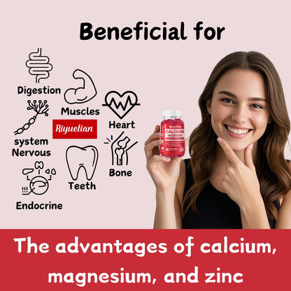 Riyuetian Calcium Gummies with Magnesium & Zinc + D3 & K2 - 60 Count | Bone, Teeth & Immune Support