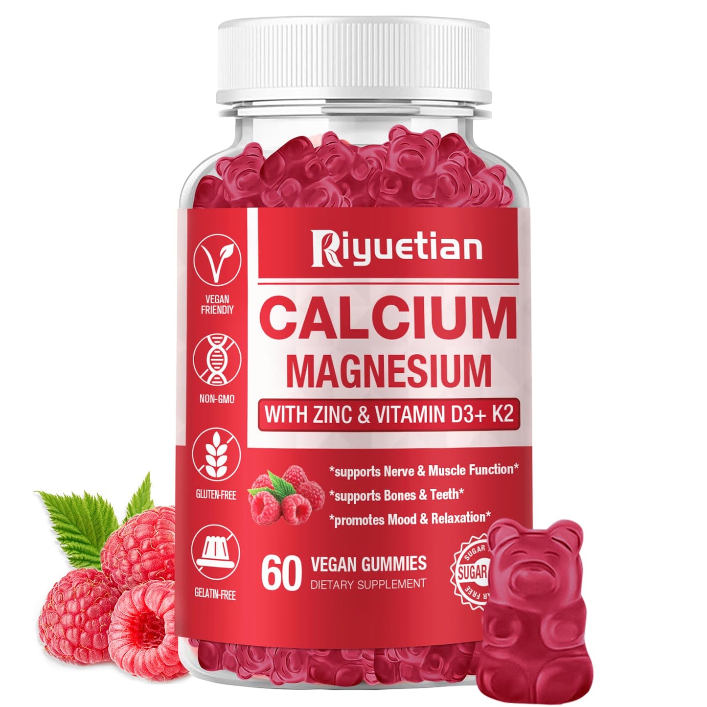 Riyuetian Calcium Gummies with Magnesium & Zinc + D3 & K2 - 60 Count | Bone, Teeth & Immune Support