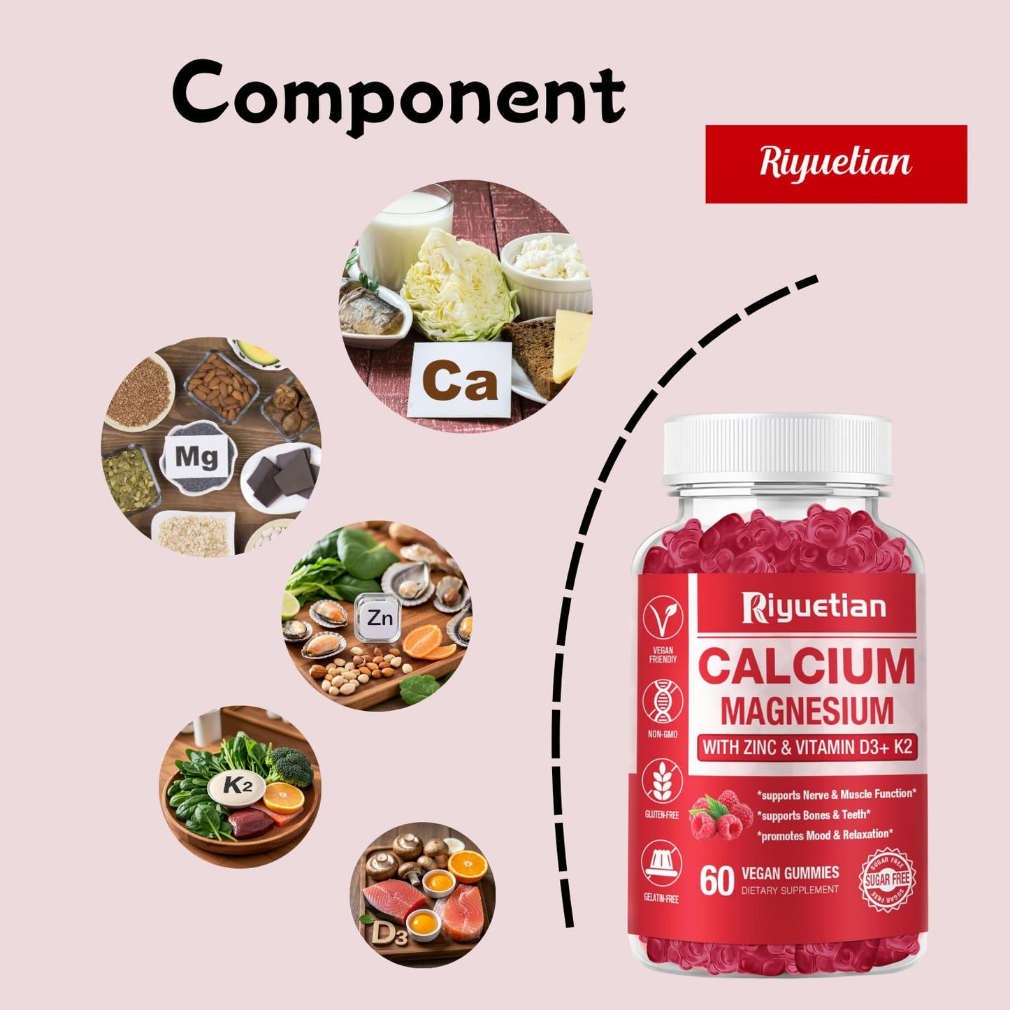 Riyuetian Calcium Gummies with Magnesium & Zinc + D3 & K2 - 60 Count | Bone, Teeth & Immune Support