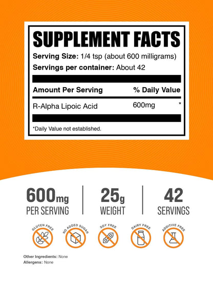 R-Alpha Lipoic Acid Powder 200mg – R-ALA Supplement (25g) | Gluten Free