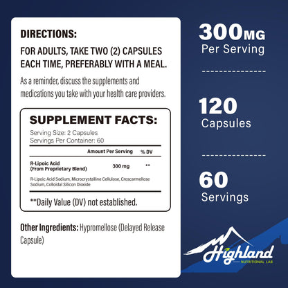 R-Lipoic Acid Sodium 300mg | Highland Nutritional Lab | 120 Capsules