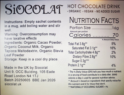 Siocolat Organic Vegan Sugar Free Low Calorie Hot Chocolate Drink