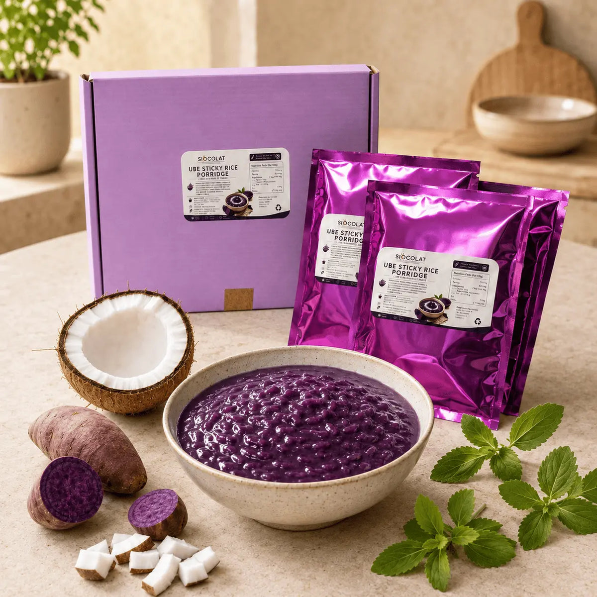 Vegan Friendly No Added Sugar Ube Champorado (Rice Porridge) Sticky Rice Siocolat
