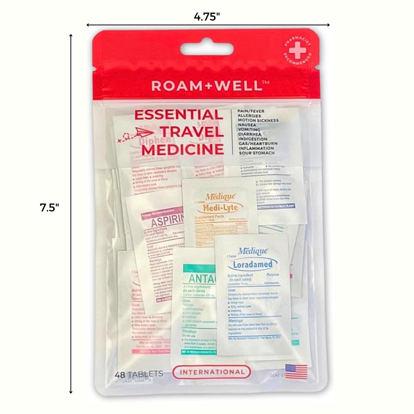Roamwell Essential Travel Medicine Kit – TSA-Approved International OTC Meds (48 Tablets)