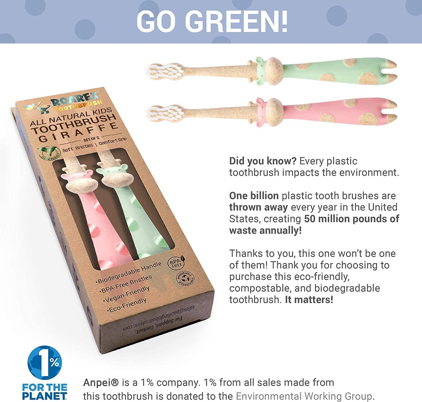 ROARex All-Natural Kids Toothbrushes - Giraffe (4-36m) Mint/Rose | 4pk | 1% for The Planet
