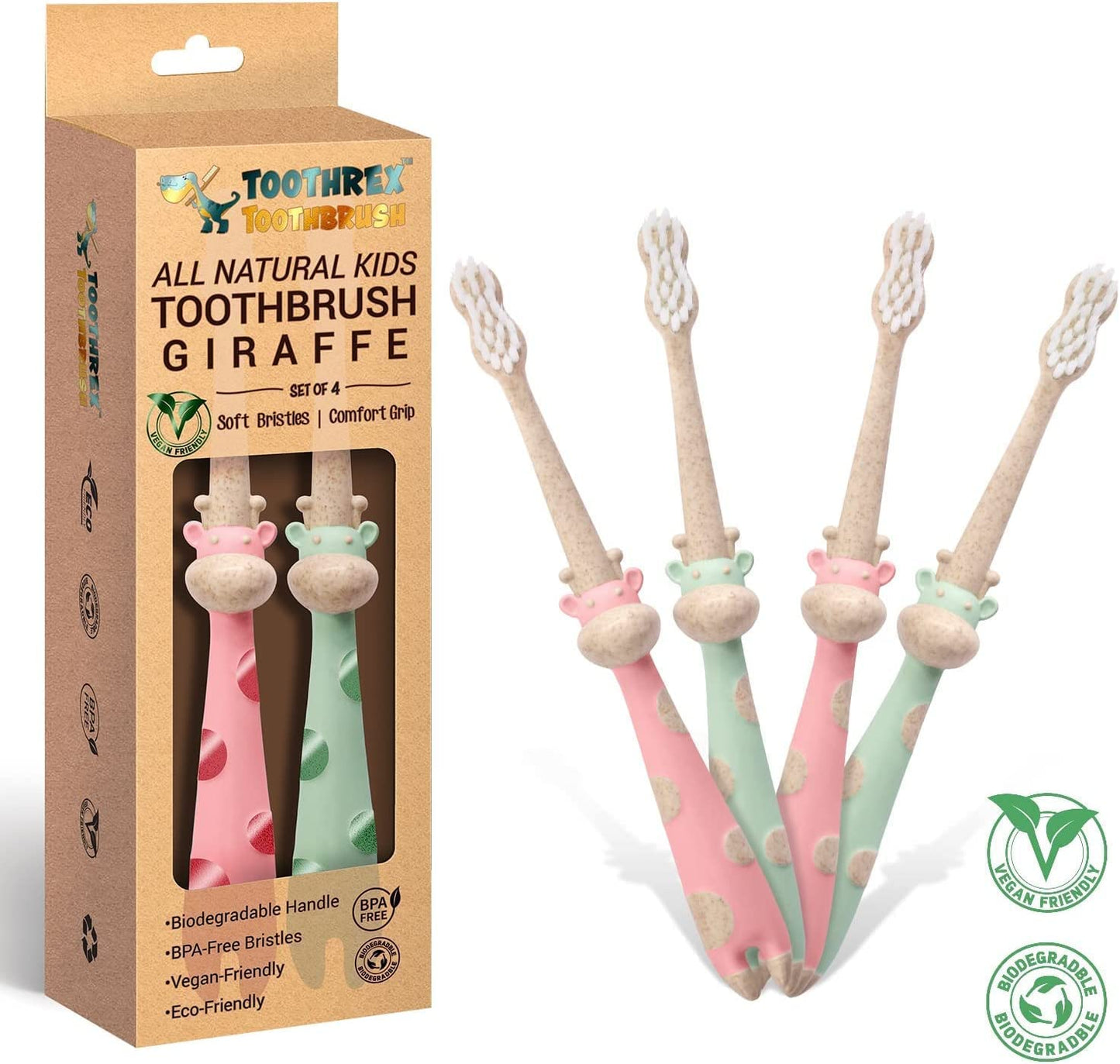 ROARex All-Natural Kids Toothbrushes - Giraffe (4-36m) Mint/Rose | 4pk | 1% for The Planet