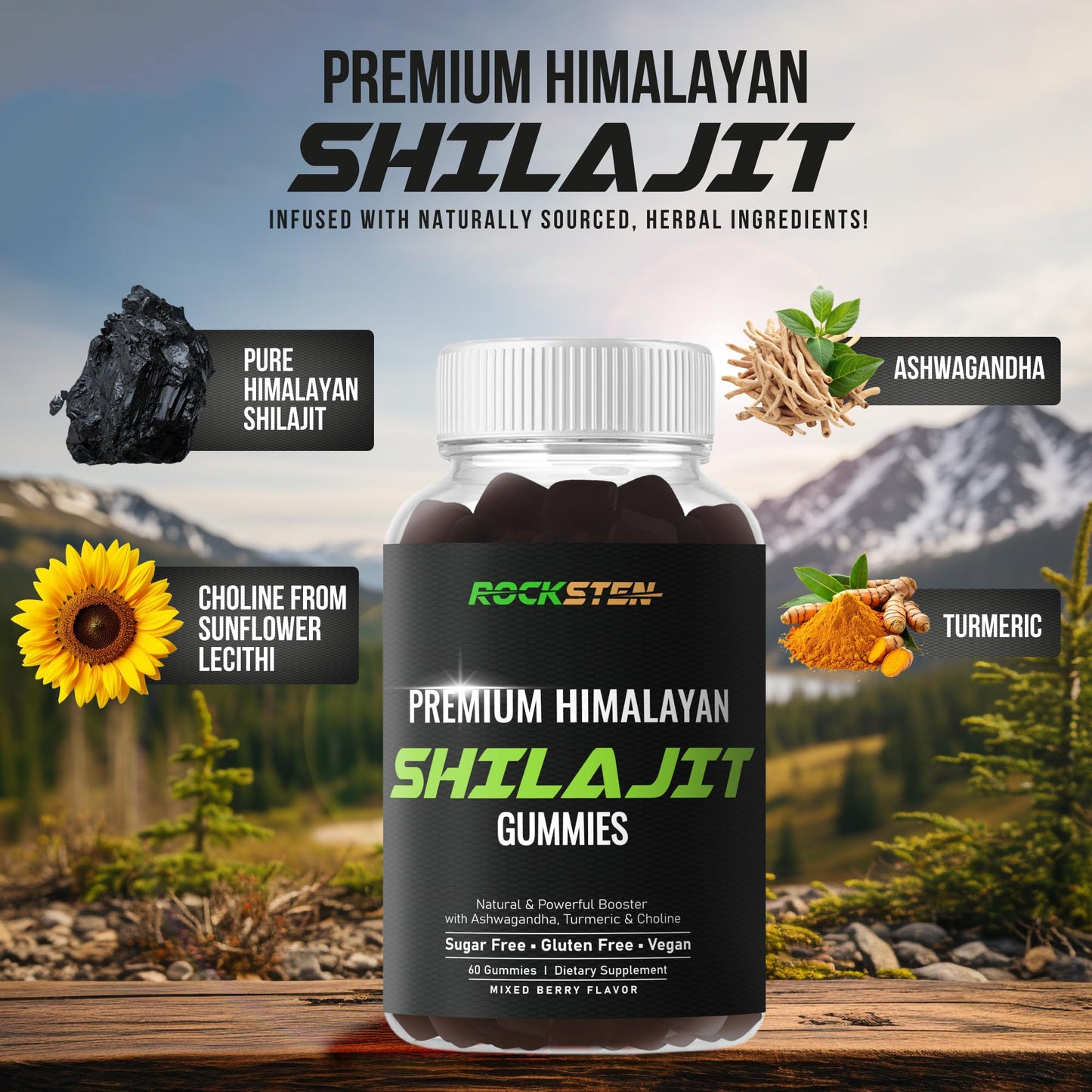 RockSten Premium Himalayan Shilajit Gummies - 1500mg with Ashwagandha & Turmeric | Vegan, Gluten-Free
