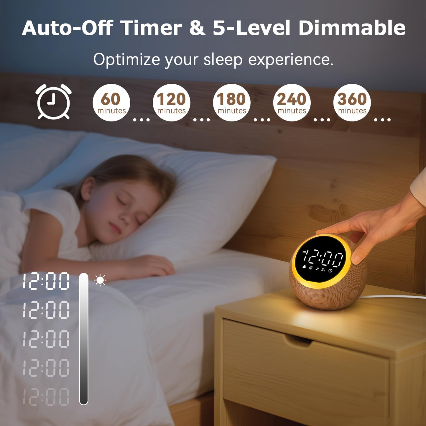 Rohent Alarm Clock with Soft Sounds – 30 Calming Sounds, 10 Gentle Wake-Up Tones, 32 Volume Levels, Memory Function (Brown)