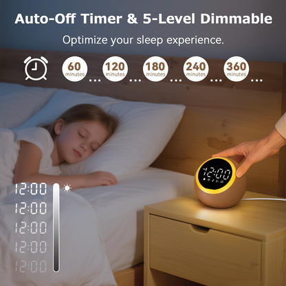 Rohent Alarm Clock with Soft Sounds – 30 Calming Sounds, 10 Gentle Wake-Up Tones, 32 Volume Levels, Memory Function (Brown)